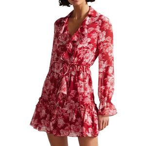 Ted Baker Ruffle Mini Dress Womens Red Linndie  Ruffle Floral Design Size (3) 8